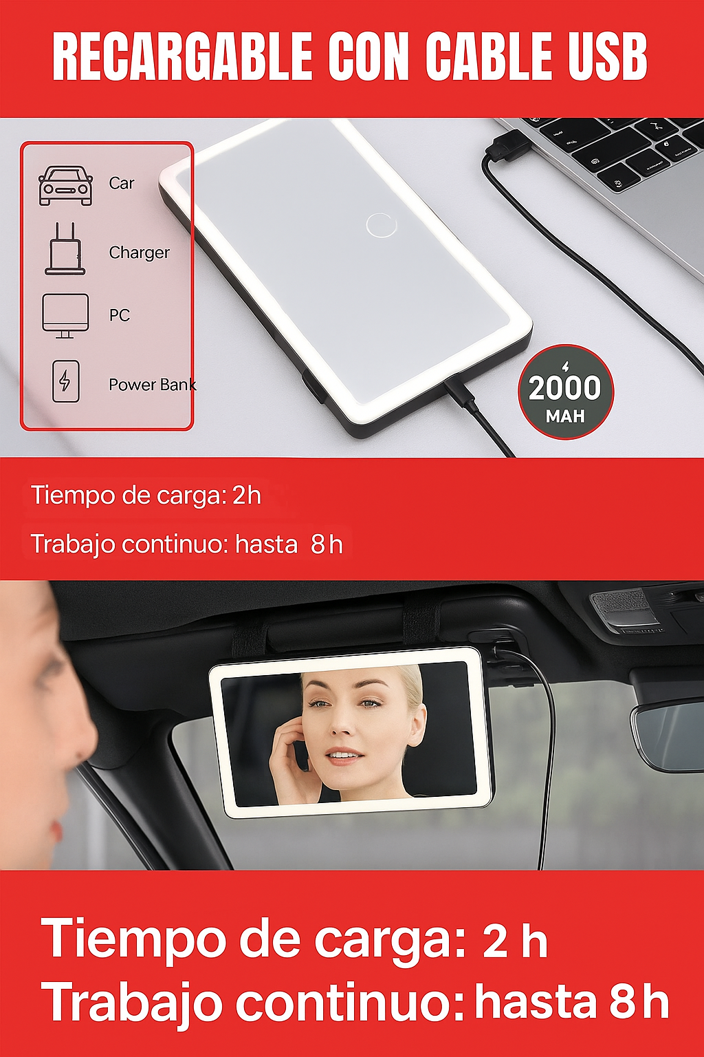 🚗 Espejo Portátil LED de Auto: Belleza Sin Esfuerzo, Donde Vayas 💋