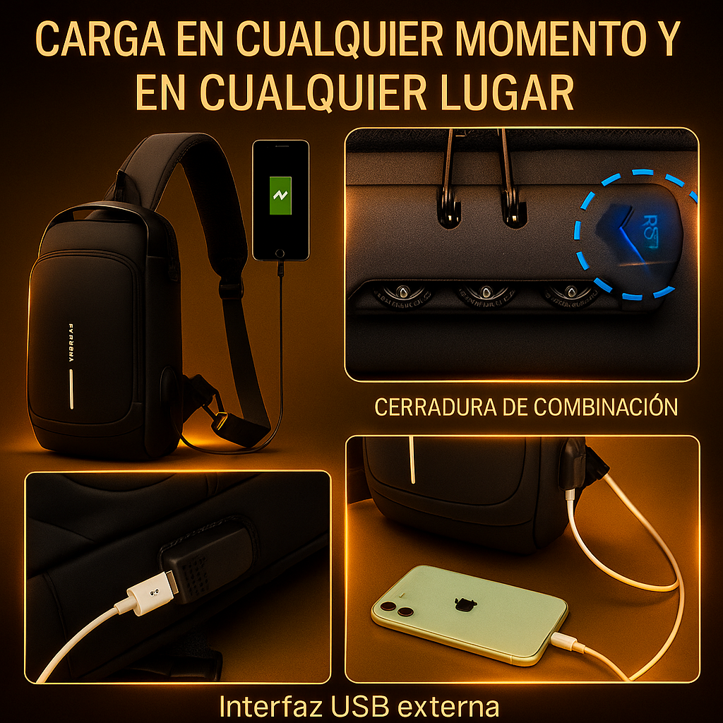 🎒 MORRAL ANTIROBO IMPERMEABLE 💧 CON PUERTO USB 🔌